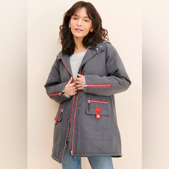 Maeve Gray and Red Utility Long Anorak Cheetah Lined Winter Coat Jacket NWOT - Picture 1 of 10